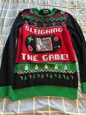Well Worn Black Red Green Holiday Gaming Sweater